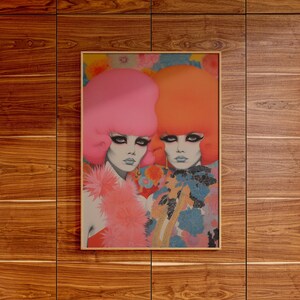 Arte psicodélico de mujeres / Cartel retro de los años 70 / Decoración floral funky del hogar / Arte de pared maximalista / Decoración de dopamina