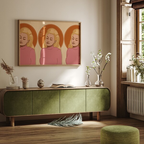 Impression Dolly Parton | Art mural rose et orange | Décor de chambre moderne et tendance | Grand art mural moderne du milieu du siècle