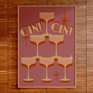 Impresión de arte del carrito de bar / Cartel de cóctel retro / Arte de la pared de la torre de champán / Arte de pared grande moderno asequible de mediados de siglo / Impresión de saludos