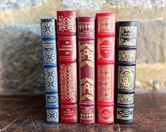 The Franklin Library Lot - Russian Fiction - Multi-Colored Leather Set of Five Books - Home Decor - Book Props