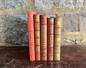 The Franklin Library Lot - Fiction - Brown Leather Set of Five Books - Home Decor - Book Props