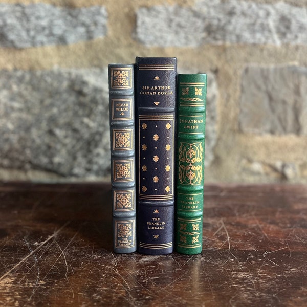 The Franklin Library Lot - Short Fiction - Leather Set of Three Books - Home Decor - Book Props