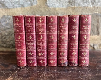 Goethe - Red Leather Set of Seven Books - Home or Office Decor - Book Props