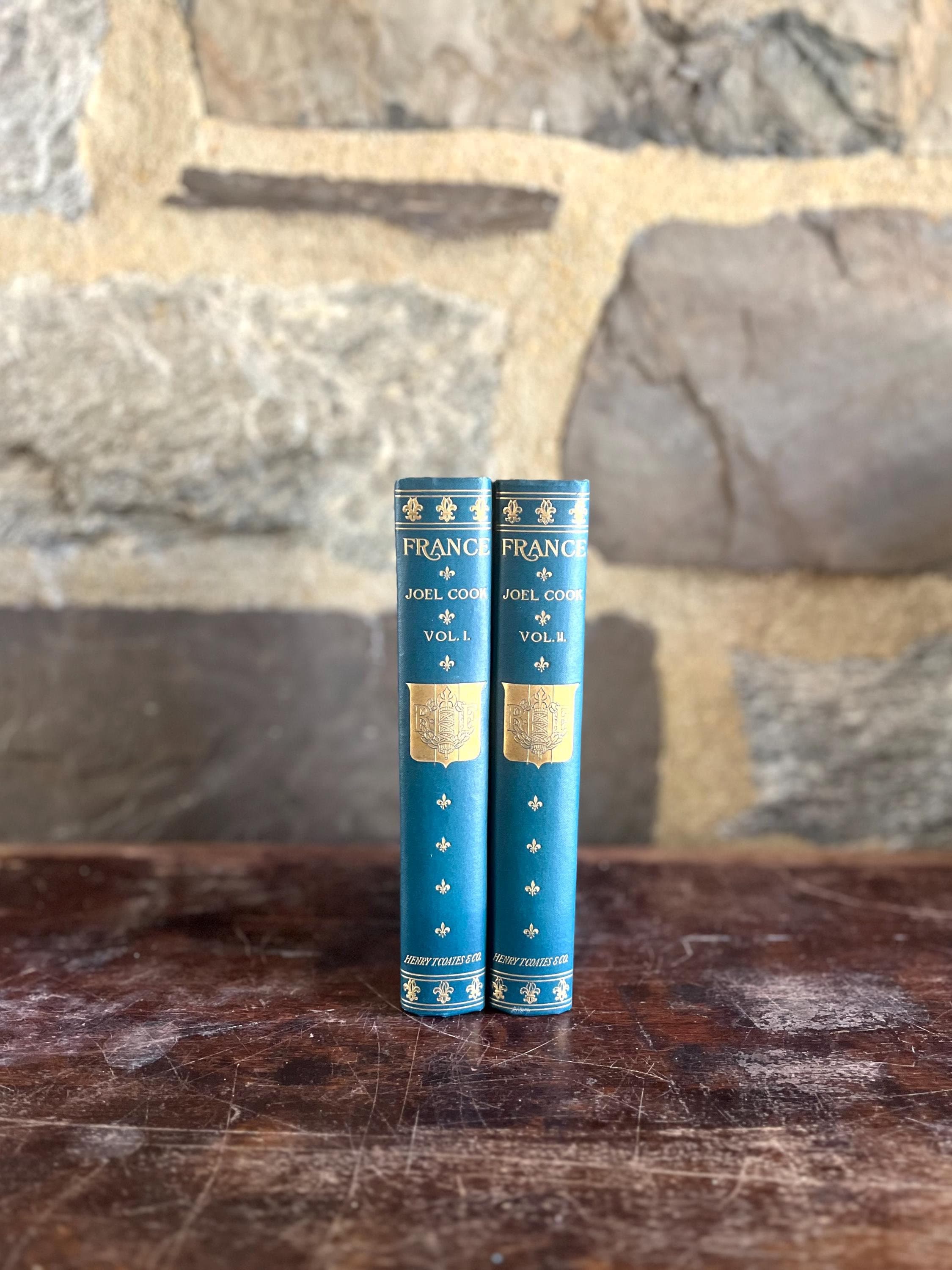 France by Joel Cook - Pair of Decorated  Blue Cloth Bindings - Book Props or Decor