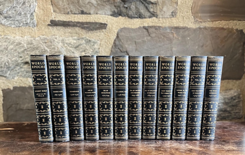 May include: A collection of twelve vintage "World Epochs" books. The books have black covers with gold lettering and decorative accents. The spines display the series title and volume numbers.