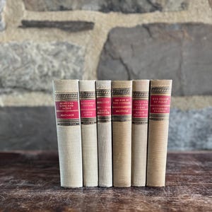 May include: A collection of six vintage books with off-white covers and red title labels. The titles include "Selected Lives and Essays," "Robinson Crusoe," and "The Praise of Folly." The books are arranged in a row on a wooden surface.