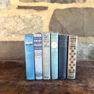 May include: A collection of six vintage books with varying shades of blue covers. Titles include "Beau Brocade," "The Trees," and "Equality." The books are arranged on a wooden surface, with the spines facing the viewer.