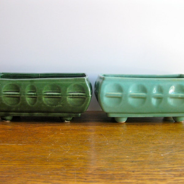 Vintage Pair of Patterned Green Planters