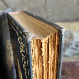 May include: Close-up of an antique book with a dark blue cover and gold embossed designs. The aged pages have a golden hue, and the edges show wear. The book's spine is visible, and the corner is slightly worn.