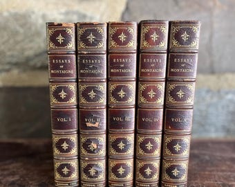 Brown Leather Book Bundle for Decor and More - 5 Volumes of Montaigne's Essays