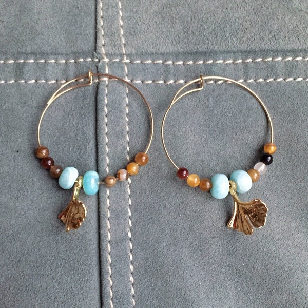 brown agate and green amazonite hoops earrings, gold plated steel hoop earrings, gold gingko leaf earrings, boho earth tones earrings