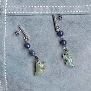 oxidized silver earrings with gray agate beads and green carved jade dragon pendant, oxidized stick silver post, minimal dangle earrings