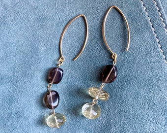 lemon quartz and smoky quartz earrings, gold filled silver earrings, mismatched dangle earrings, elegant asymmetric earrings, chic earrings