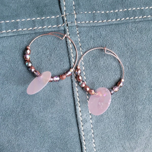 rose gold plated steel hoop earrings, rose gold crystals and big pink sequin hoops earrings, romantic earrings, boho minimal chic earrings