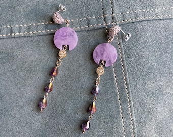 silver earrings with pale amethyst bead and purple crystal drops, long dangle earrings with round silver post, geometric statement earrings