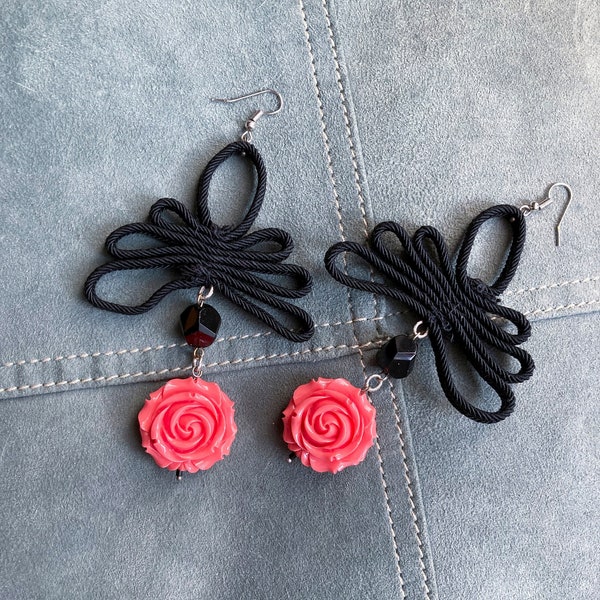 statement chandelier earrings with big carved resin coral rose, long dangle chic earrings with black soutache thread and black onyx bead