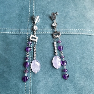 purple amethyst earrings, long dangle earrings, drop heart romantic earrings, lilac agate and rhinestones earrings, boho silver tone earring