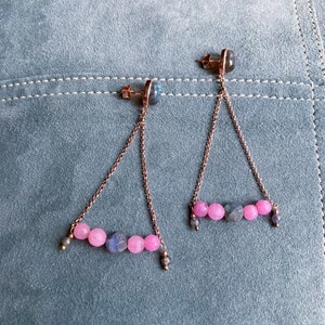 Rose gold dangle earrings, labradorite post earrings, pink rhodochrosite and labradorite earrings, rose gold chain earrings, boho earrings