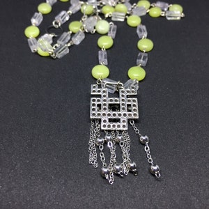 statement long necklace with vintage pendant, layering necklace with yellow prehnite coin beads and clear quartz beads, Art Deco necklace