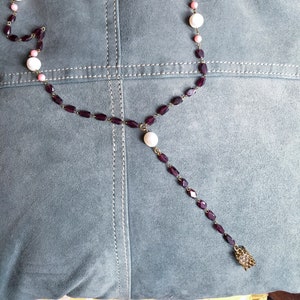 rosary style necklace with garnets and pink coral beads, freshwater pearls and filigree gold plated cage pendant, romantic boho necklace