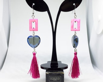 fuchsia pink tassels earrings, statement earrings, blue heart earrings, long boho earrings, romantic earrings, festival style earrings