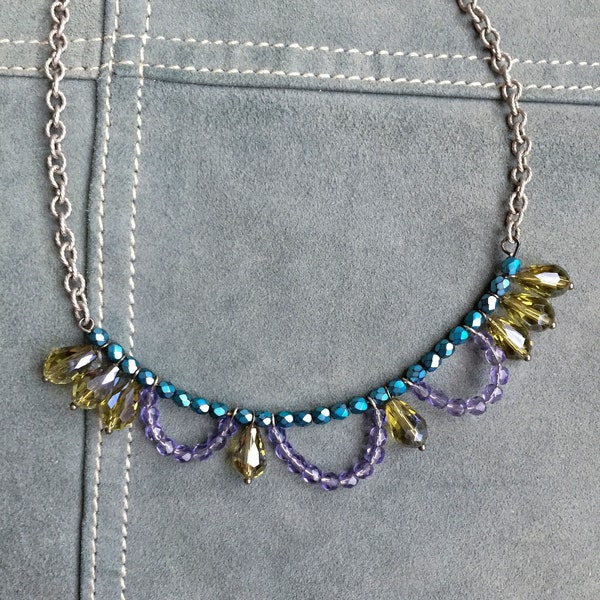 chain choker necklace with colorful crystals, teal and lavender half crystals and yellow crystal drops, romantic colorful choker, tiara