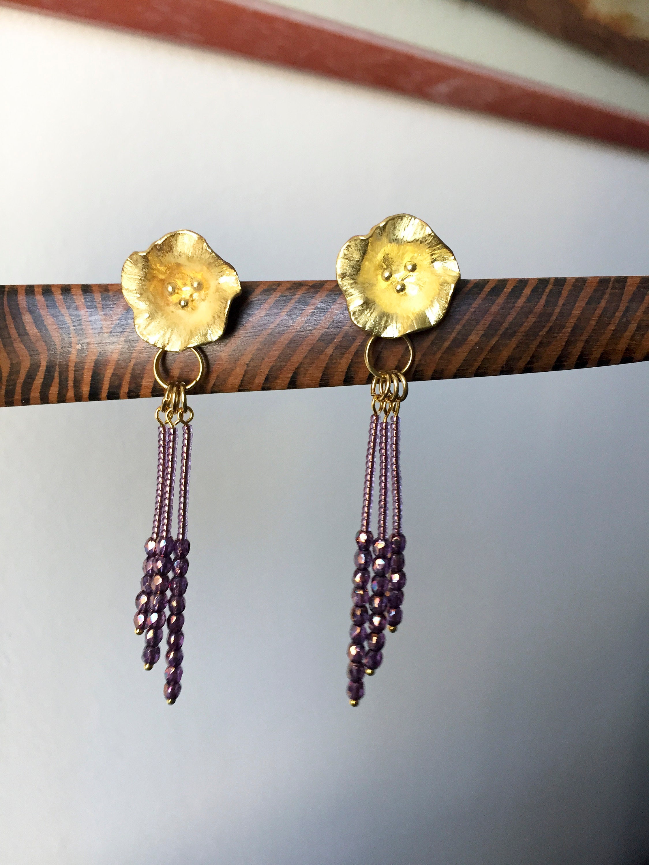 Gold tone dangle earrings with mauve crystals and miyuki Etsy