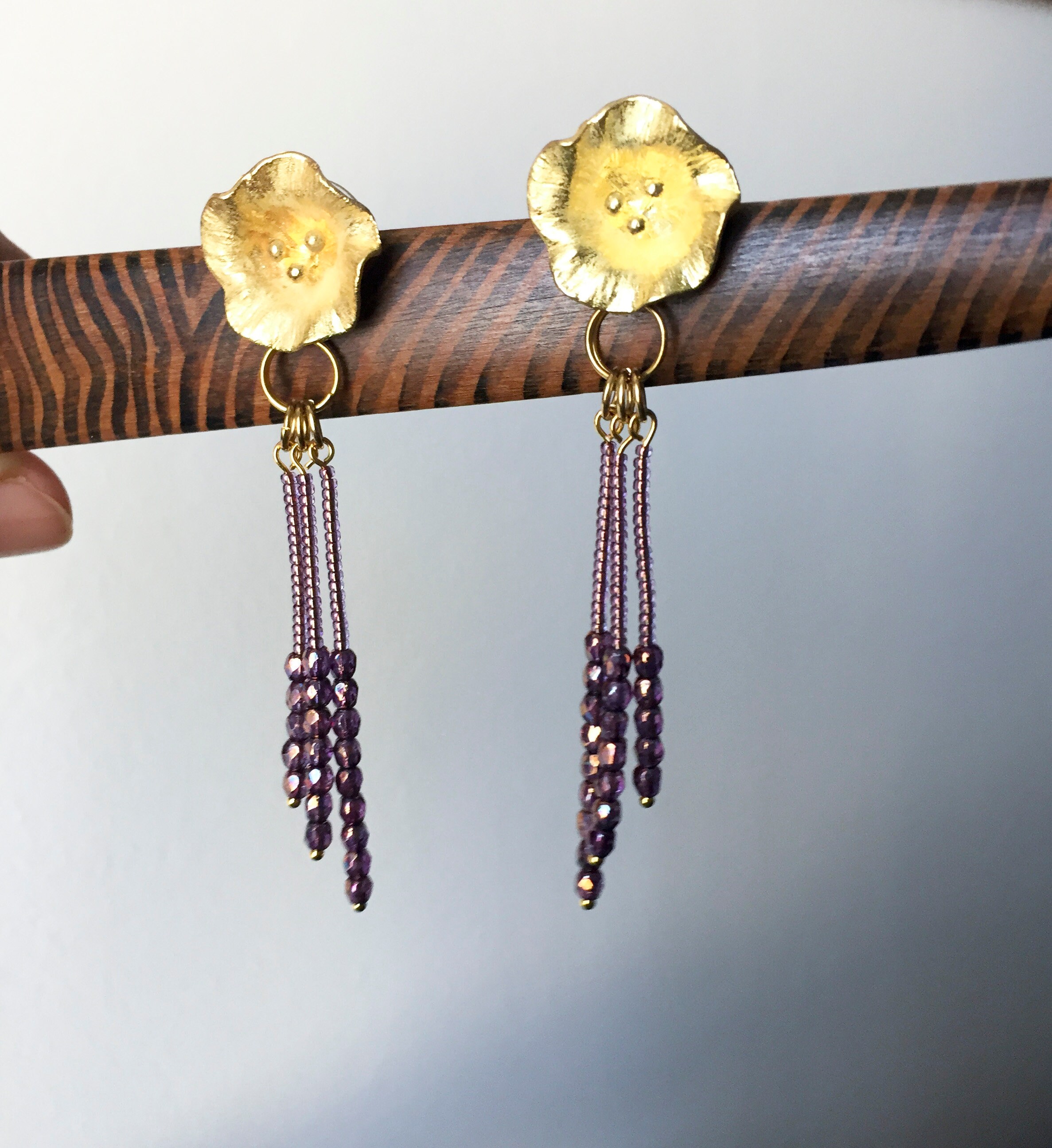 Gold tone dangle earrings with mauve crystals and miyuki Etsy