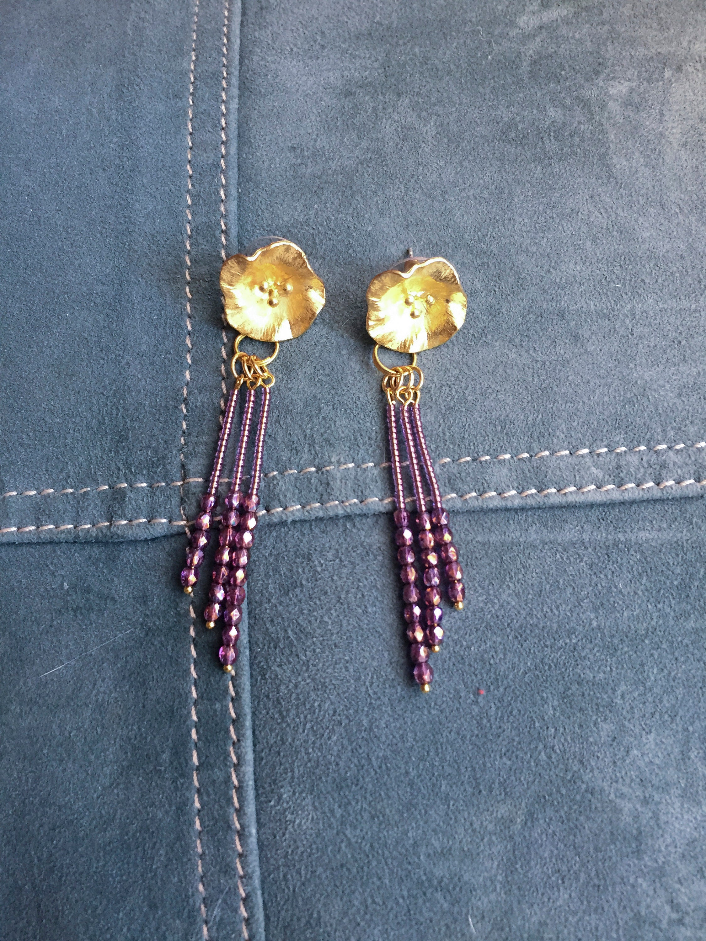 Gold tone dangle earrings with mauve crystals and miyuki Etsy