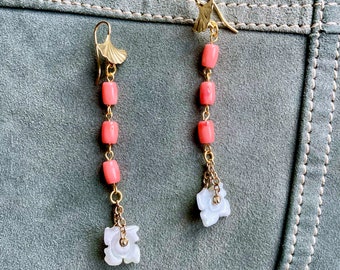 gold gingko hook earrings, carved jade quatrefoil earrings, pink coral dangle earrings, gold plated silver earrings, boho chic earrings