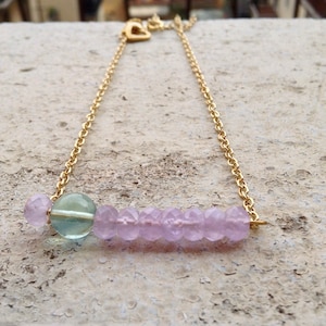gold tone thin chain choker necklace with lilac amethyst rondelles and fluorite bead, boho romantic choker, minimal choker, pale hues choker
