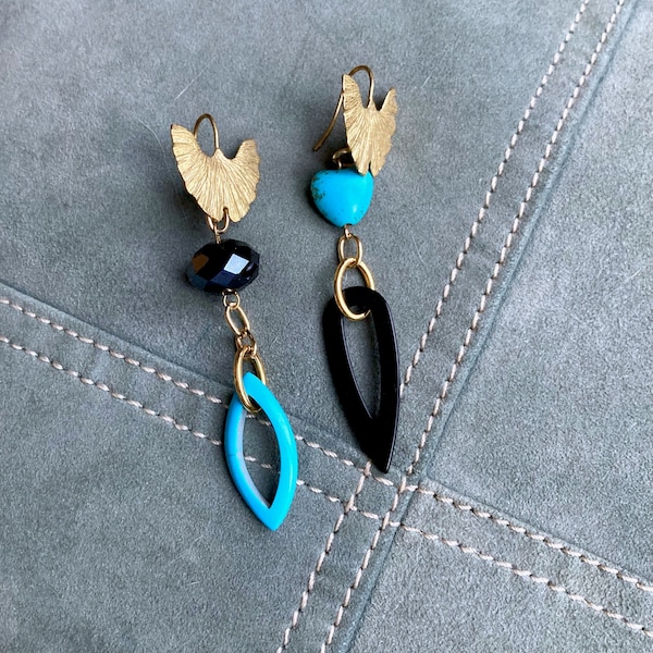 gold tone dangle earrings with gingko leaf post, mismatched earrings, black and turquoise earrings with swarovski rondelle and howlite heart