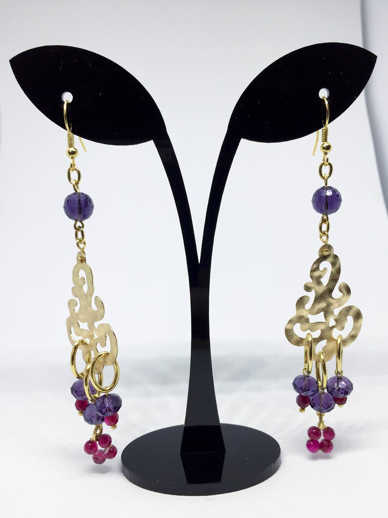 statement earrings baroque earrings gold tone chandeliers with purple crystals and ruby agate drop boho earrings long dangle earrings