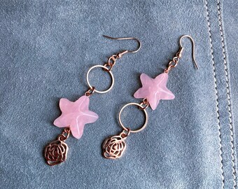 mismatched rose gold dangle earrings, rose pendant, circles geometric earrings, rose quartz star pendant,  asymmetric romantic earrings