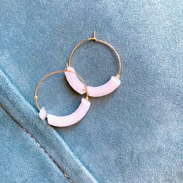 gold tone hoops earrings, gold plated steel hoop earrings, earrings with iridescent white sequins, boho chic minimal earrings