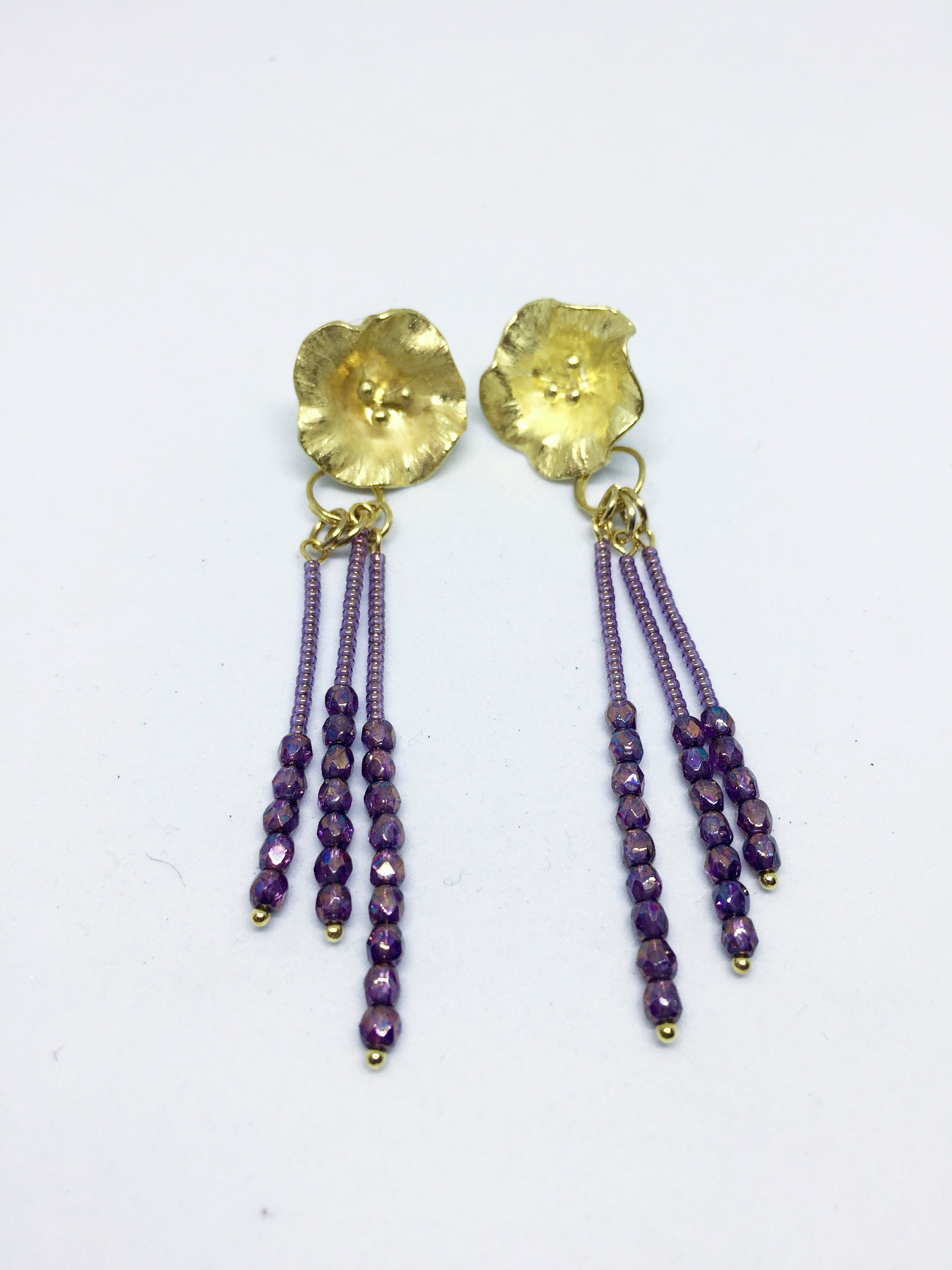 Gold tone dangle earrings with mauve crystals and miyuki Etsy