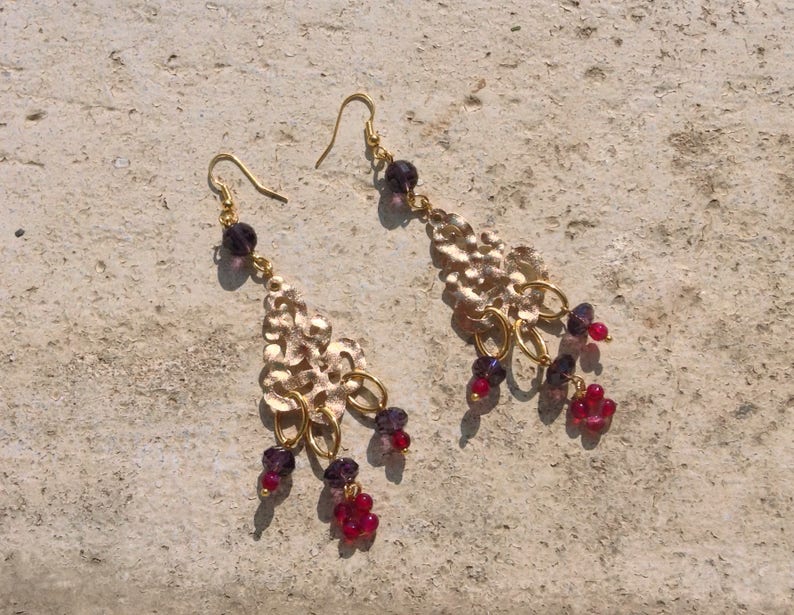 statement earrings baroque earrings gold tone chandeliers with purple crystals and ruby agate drop boho earrings long dangle earrings