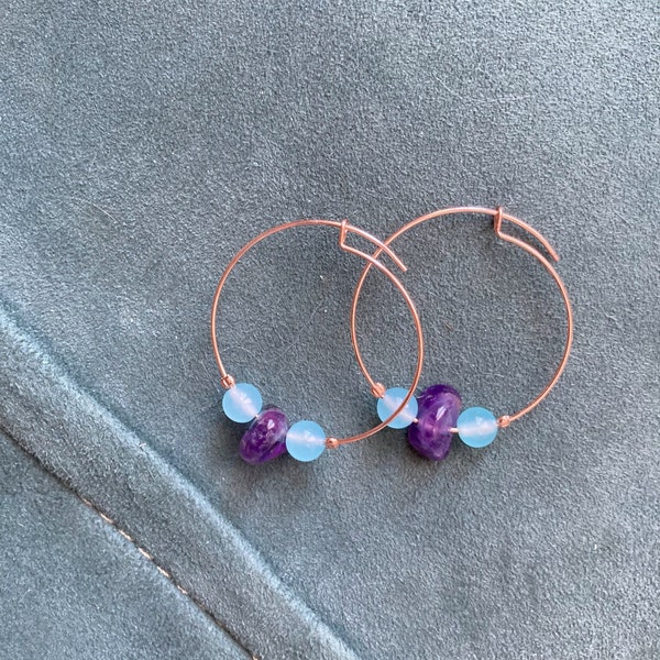 amethyst  and sky blue agate hoops earrings, rose gold plated steel hoop earrings, boho chic earrings, colorful minimal earrings