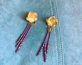 gold tone dangle earrings with mauve crystals and miyuki beads, romantic dangle earrings with floral gold tone post, chic cluster earrings