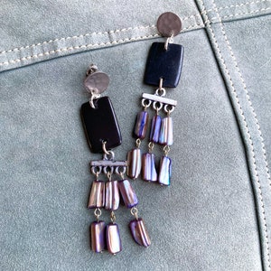 statement earrings, long dangle earrings, silver tone earrings, black onyx and purple mother of pearl earrings, boho tribal unique earrings