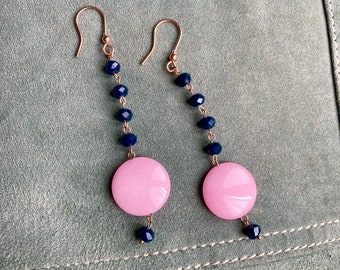 Rose gold dangle earrings, pink and blue agate earrings, round pendant earrings, long earrings, geometric boho earrings, romantic earrings