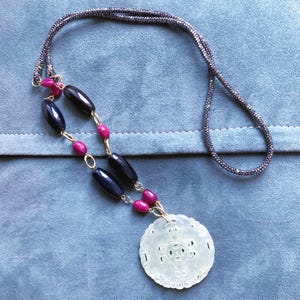 statement necklace with big round carved jade pendant, with black onyx and ruby paste beads, boho unique necklace with rhinestones cord