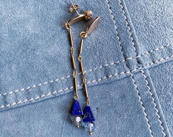 Art Deco Style Lapis Lazuli Dangle Earrings: Gold Tone Earrings, Swarovski Beads
