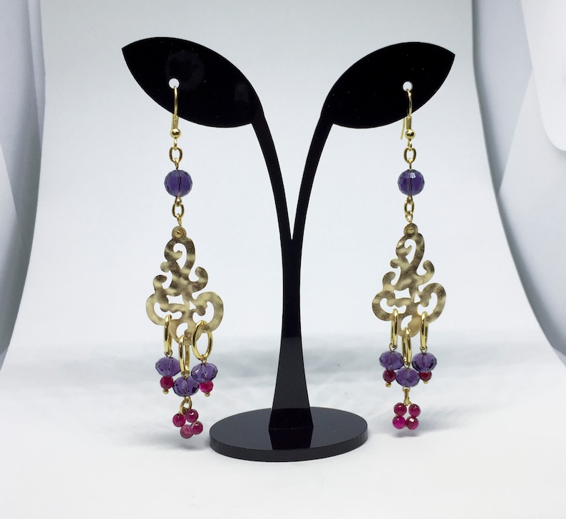 statement earrings baroque earrings gold tone chandeliers with purple crystals and ruby agate drop boho earrings long dangle earrings