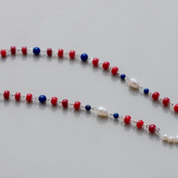 stones choker, freshwater pearls, red coral and blue lapis, blue red and white necklace, crescent choker, boho, nautical, patriotic choker