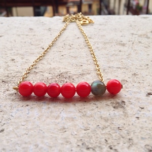 gold tone thin chain choker necklace, chain choker  with red coral and labradorite beads, minimal jewelry, boho jewelry