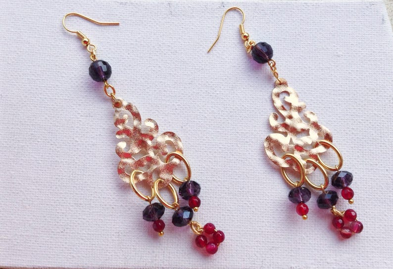 statement earrings baroque earrings gold tone chandeliers with purple crystals and ruby agate drop boho earrings long dangle earrings