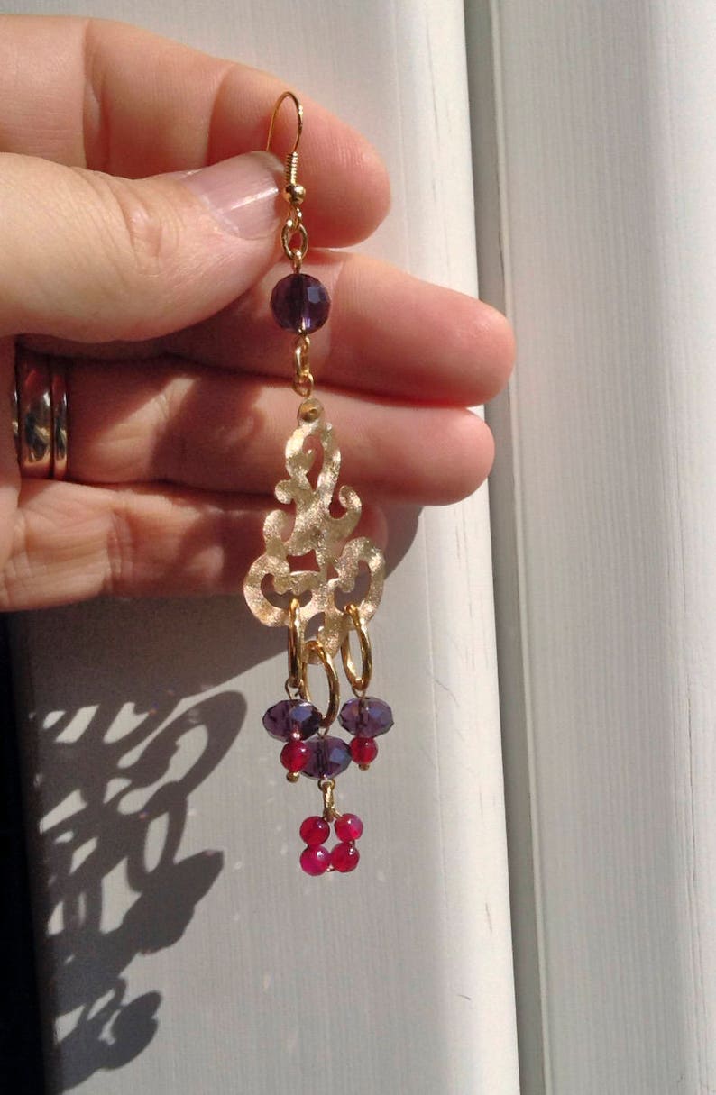 statement earrings baroque earrings gold tone chandeliers with purple crystals and ruby agate drop boho earrings long dangle earrings