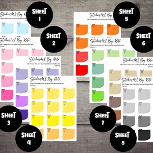 May include: Eight sheets of colourful sticky note stickers with a paperclip design. Each sheet has a different colour scheme, including blue, pink, purple, yellow, red, green, brown, and grey.