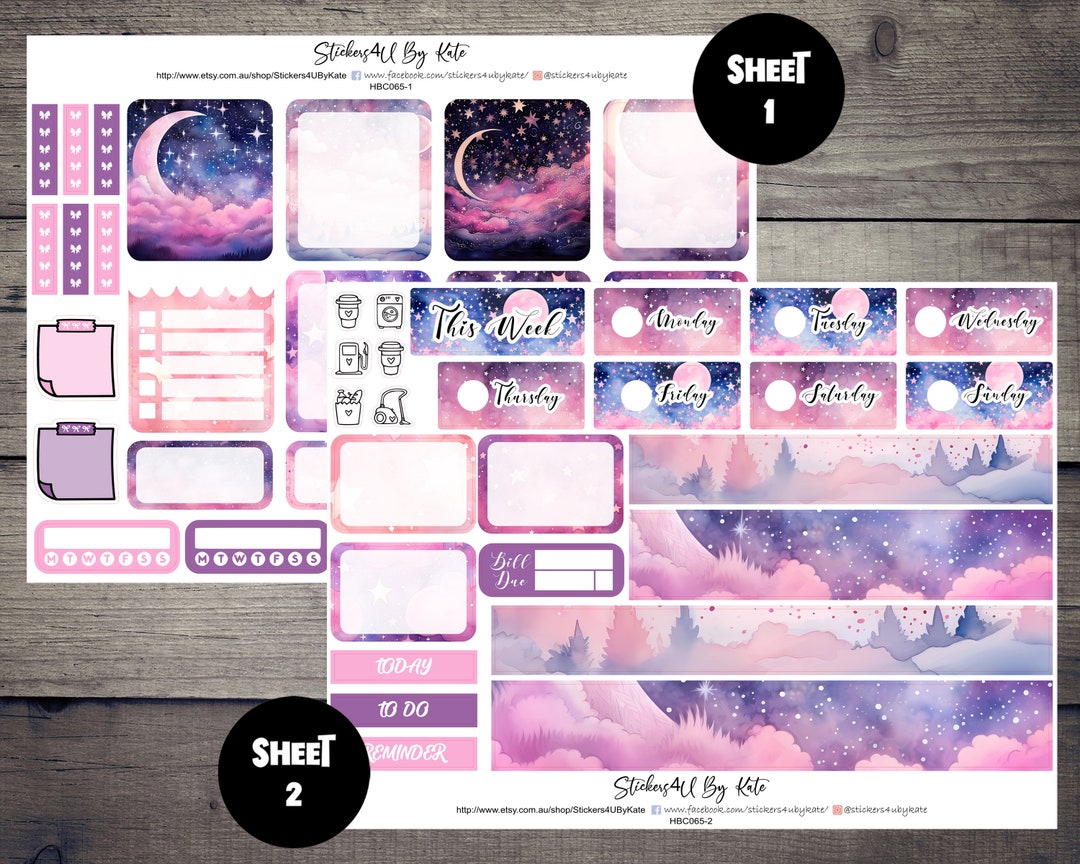 Pink Stars Moon | Hobonichi Cousin (A5) Weekly Sticker Kit | Individual ...